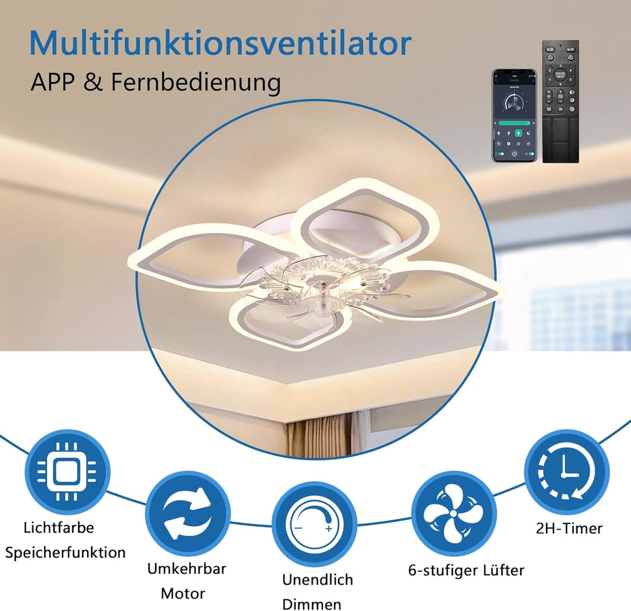 Ventilateur de plafond avec éclairage LED 68 cm, blanc - 6 vitesses, lampe de plafond à intensité variable pour salon et chambre, éclairage et ventilateur commutables séparément