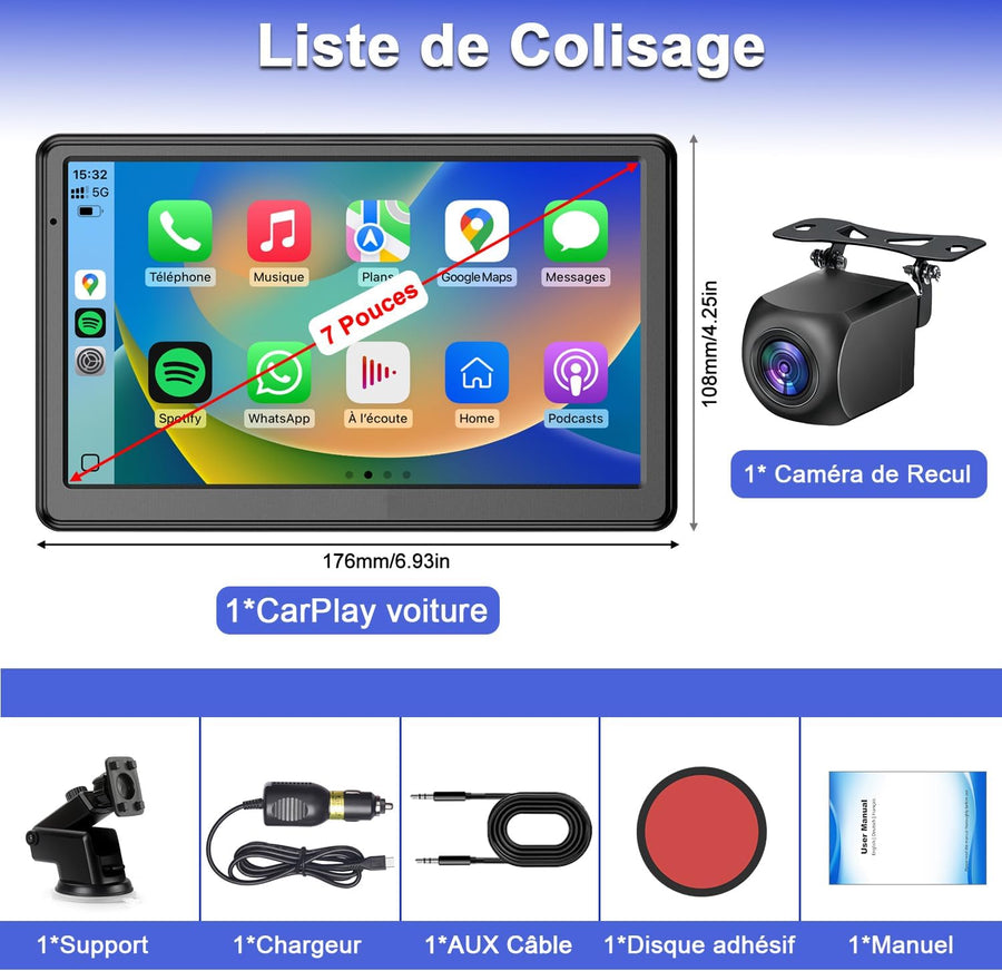 Écran Voiture 7 Pouces avec Caméra de Recul, CarPlay sans Fil Android Auto | Portable Autoradio de Voiture avec Commande Vocale, Navigation GPS, FM, MirrorLink, Bluetooth Appels avec Mains Libres, AUX