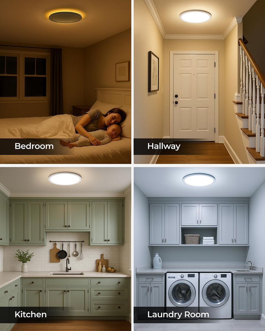 Plafonnier LED avec veilleuse 24W, 3 CCT, rond Ø30cm Blanc | Lampe à panneau plat pour chambre, chambre d'enfant, couloir, cuisine, avec veilleuse 4W et 3 couleurs chaud, neutre et froid