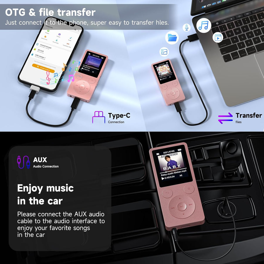 Lecteur MP3 32Go Bluetooth 5.3 - Baladeur Portable 37g avec Boutons Physiques, Haut-Parleur, Radio FM, Enregistreur Vocal, Extension 128 Go Max, Idéal pour Sport, Voyage, Enfants (Écouteurs Inclus)