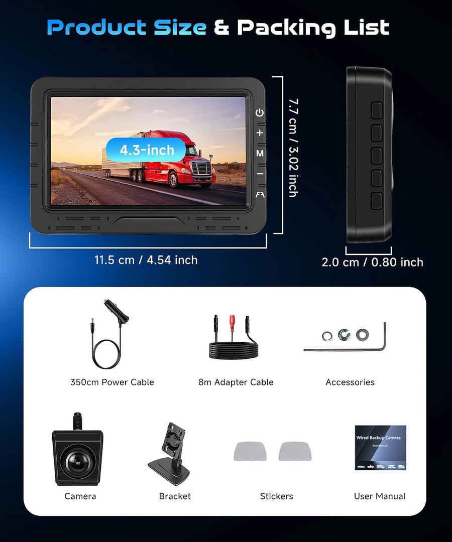 Kit Caméra de Recul HD 4.3 Pouces avec Caméra Rotative, Camera de Recul avec Étanchéité IP68 Vision Nocturne Super Grand Angle Ligne de Recul, Câble de 8M, 12-24V pour Berlines SUV