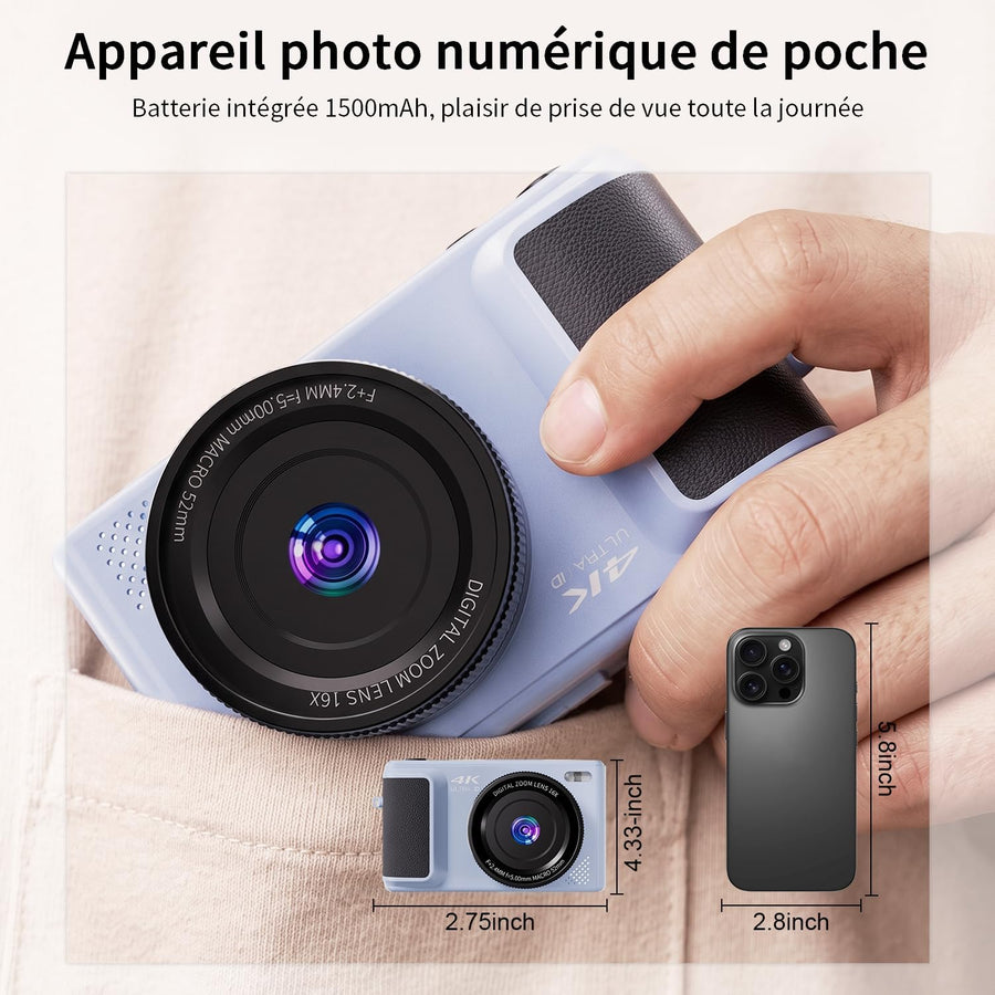 Appareil Photo Numérique 4K Compact 2,8" Écran Pivotant 180° Bleu Zoom 16X, batterie 1500mAh, Camera Vlog, Carte TF incluse