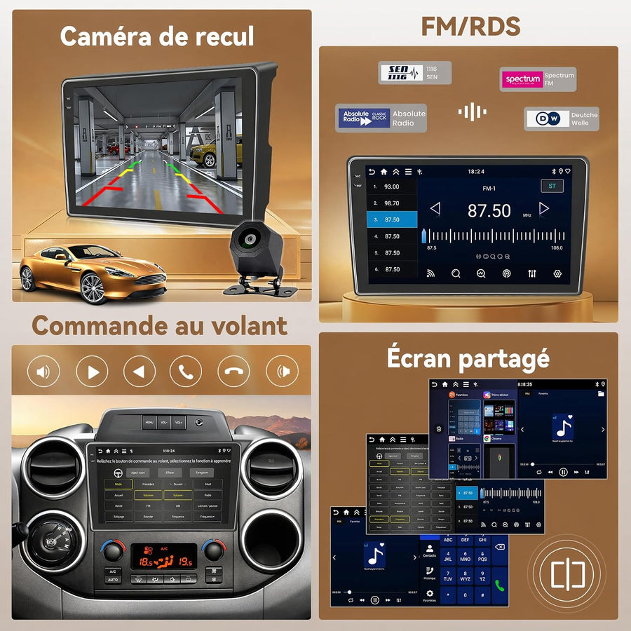 Autoradio 4+128GB Android 15 pour Citroen Berlingo 2008-2017/ Peugeot Partner 2008-2019, Écran Incell 9 Pouces HD, CarPlay sans Fil & Android Auto, GPS, Caméra de Recul et Micro Offerts