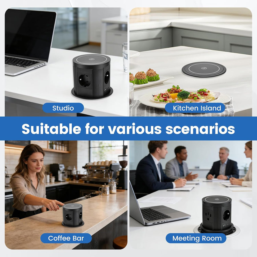 Bloc Prise Encastrable Automatique, Prise Encastrable Plan de Travail avec Chargeur Sans Fil 15 W, D 117 mm, Prise de Table Escamotable 3 Prises avec 1 USB C 1 USB A - Prise de Table Rétractable