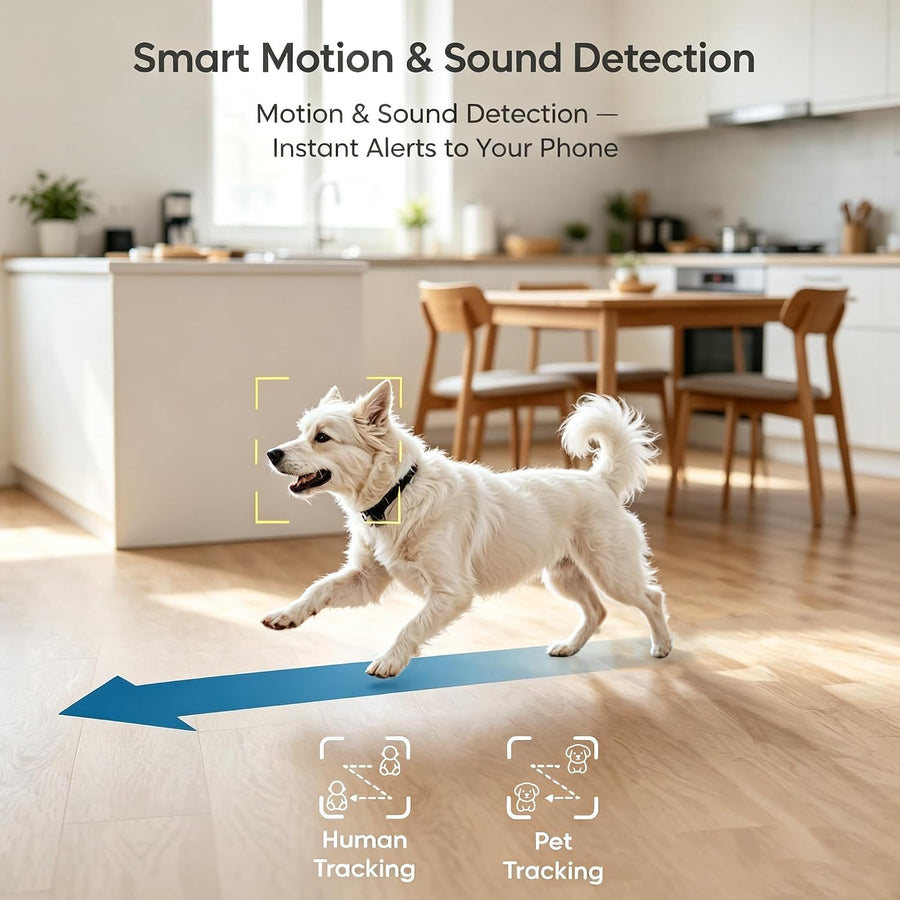 Caméra Sécurité Intérieur — Babyphone Animal Bébé 3MP 1296p Panoramique WiFi Double Bande 2.4/5GHz, 6 LEDs IR Vision Nocturne, Audio Bidirectionnel, Détection Mouvement Son, Stockage SD/Cloud