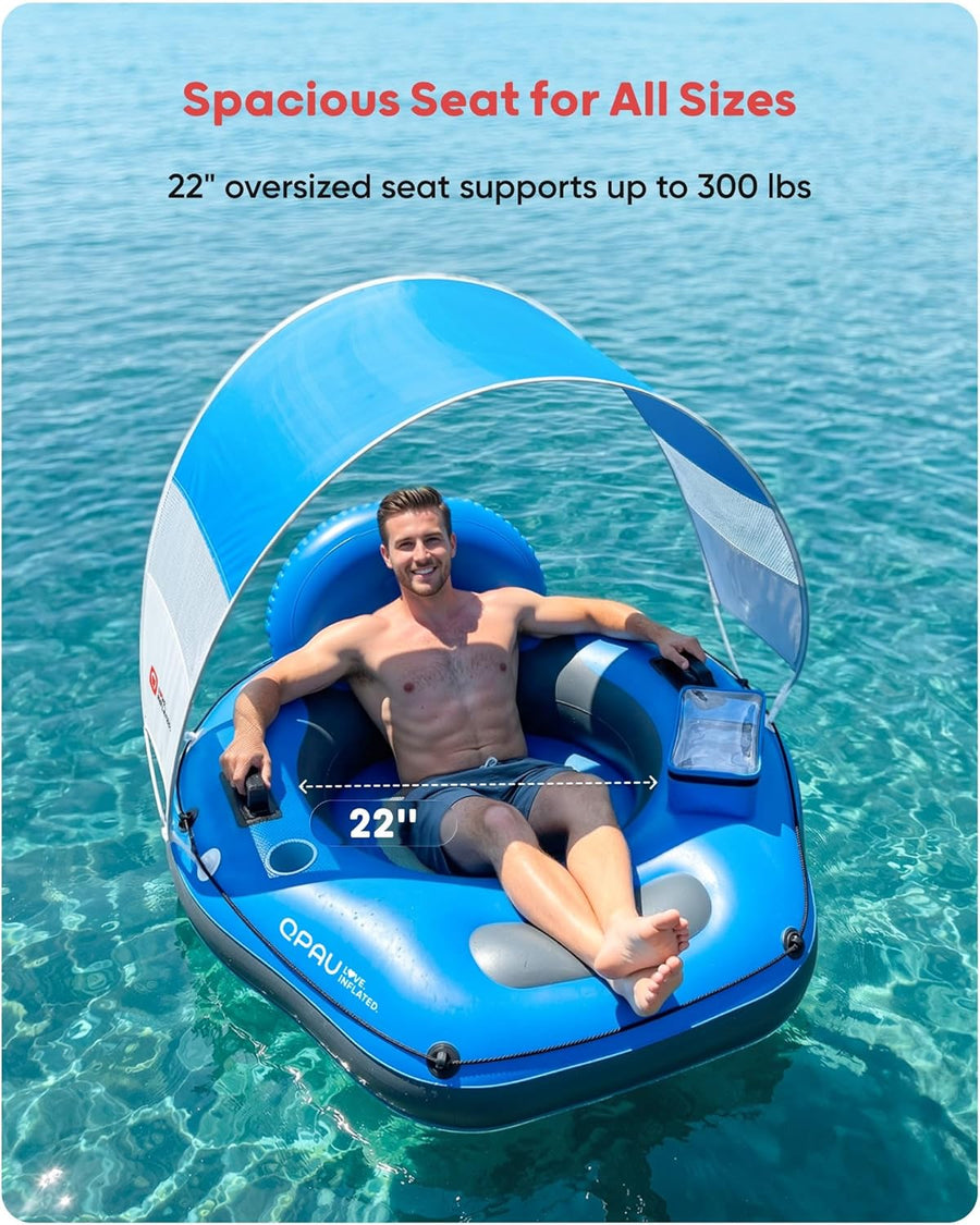Tube de rivière gonflable de 116,8 cm avec auvent pare-soleil amovible, tube flottant robuste pour adultes, repose-jambes et dossier ergonomiques, sac imperméable et porte-gobelets BLEU