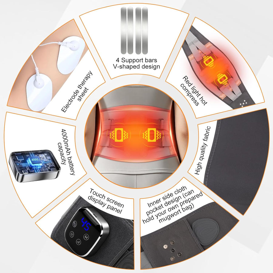 Ceinture Chauffante Lombaire avec 9 Modes de Massage, 5 Niveaux de Chaleur, 4000 mAh Batterie, Ceinture Chauffante Dos Sans Fil, pour Détendre les Lombaires, Abdominales