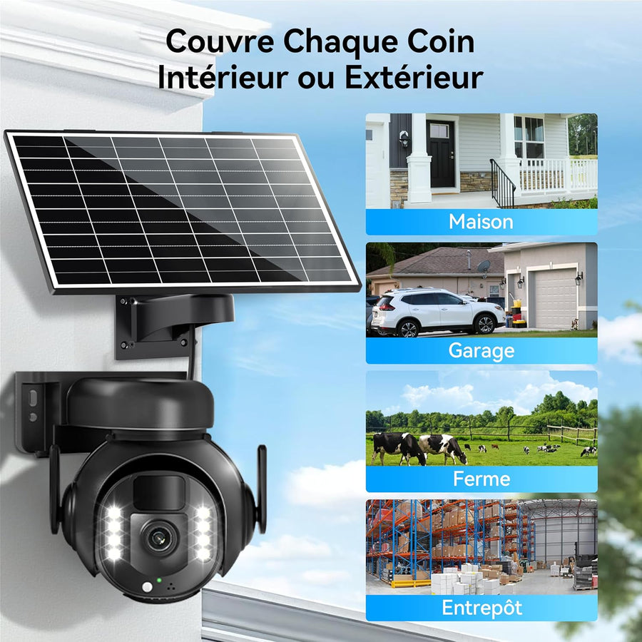 Caméra de Surveillance 4K - PTZ 360° Extérieure Étanche avec Zoom 5X, Caméra Solaire 4G/5G LTE pour Sécurité Domestique, Inclus Carte SIM 300Mo et Carte SD 64Go (8MP)