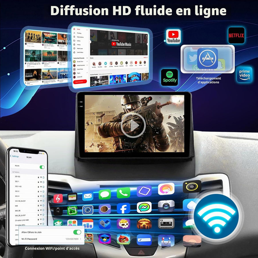 Autoradio Android pour Ford Fiesta 2009-2017: 2GB+64GB Écran Tactile IPS 9 Pouces 1280x720P pour Fiesta avec sans Fil CarPlay Android Auto, GPS, WiFi, Bluetooth 5.0, Écran Partagé + Caméra de Recul