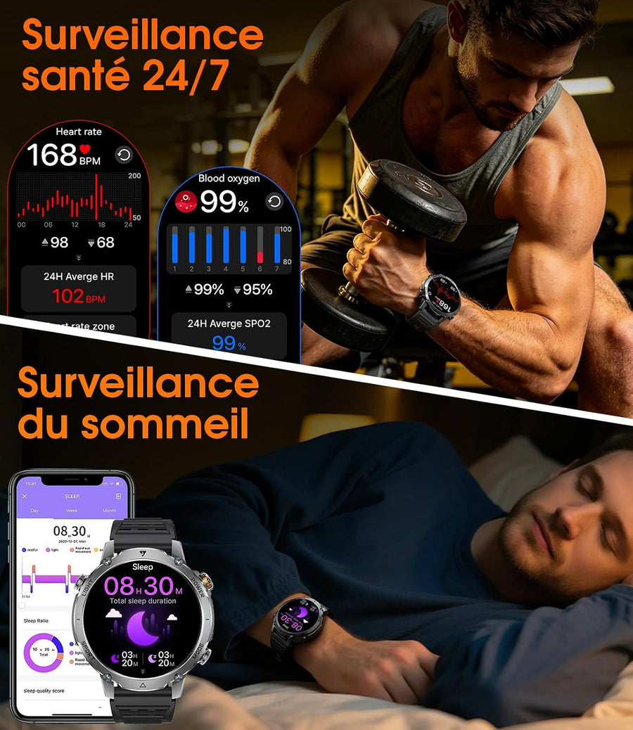 Montre Connectée Homme, Batterie 1400mAh, Écran HD 1,7 Pouce, Lampe LED, 110+ Modes Sport Montre Militaire Homme, Suivi Sommeil, IP68 Étanche, Smartwatch pour Android iOS, 2 Bracelets, Noir Gris