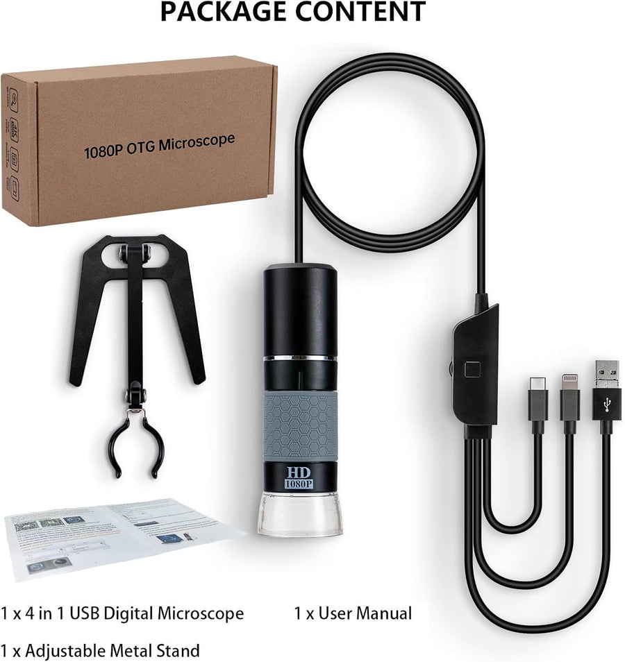 Microscope Numérique 1080P Mostanne, Grossissement 50-1000X, Microscope USB Portable avec Support Réglable, Compatible avec iPhone, Android, Mac et PC Windows