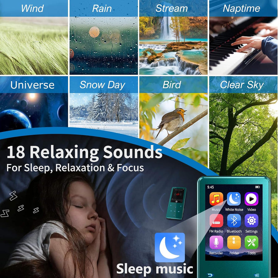 Lecteur MP3 Bluetooth 5.3 64Go écran 2,4" Touches tactiles Haut-Parleur Boîtier en métal, 45 h d'autonomie, 18 sons relaxants, radio FM, extensible jusqu'à 128Go