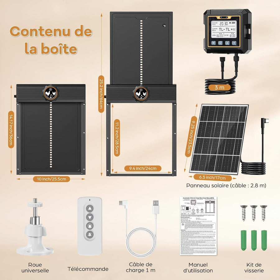 Grande Porte Poulailler Automatique Solaire avec avec Écran LCD Externe Capteur de Lumière, Minuterie, Télécommande, Fonction Anti-pincement, Aluminium, Étanche IP65, Ouverture 28.5 x 24 cm