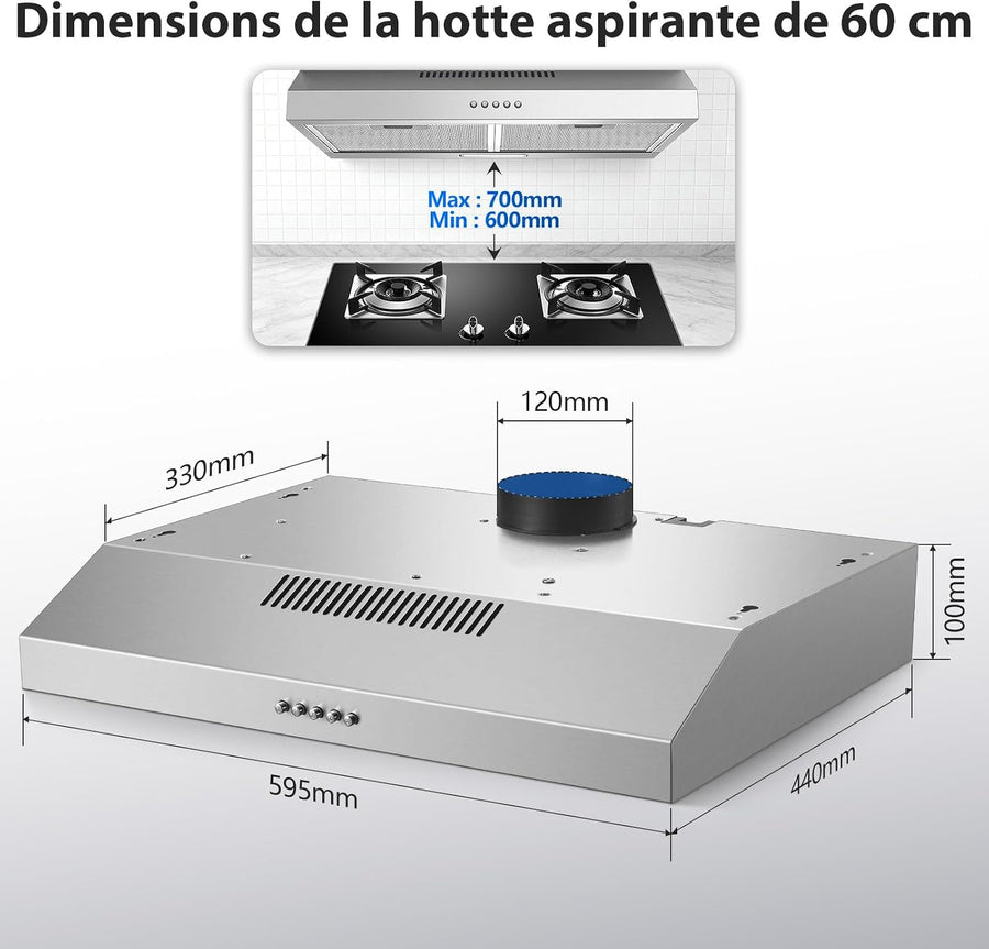 Hotte Aspirante 60 cm Encastrable, 250 m³/h Hotte de Cuisine Slim, 3 Vitesses, Classe A+, LED, Inox 430, Recyclage & Évacuation