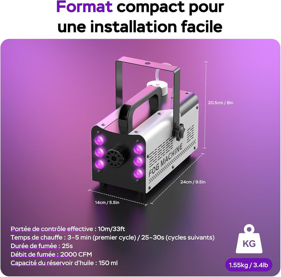 Machine à Fumée Mini Machine à Brouillard avec 6 LED Lumières Contrôlables en Couleur, 400 W avec télécommande, DJ Mariage Halloween Fête et Spectacle Noël Contrôle double mode