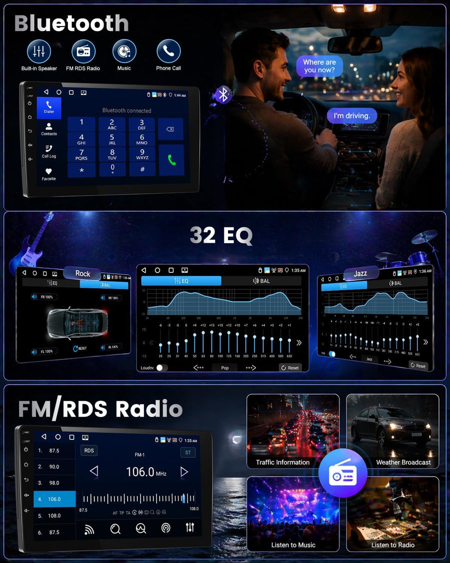 Autoradio 2+64 Go pour Peugeot 107 / Citroën C1 / Toyota Aygo (2004-2014). Compatible CarPlay, Android Auto, vidéo en ligne, navigation GPS et commandes au volant. 40 thèmes d'interface