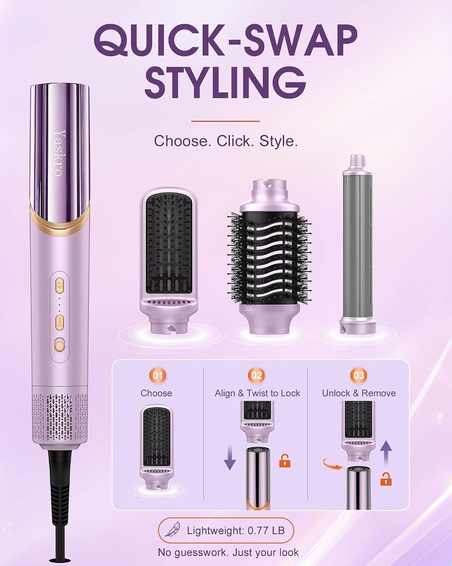 Brosse soufflante 6-en-1 & sèche-cheveux ionique, moteur haute vitesse 110 000 tr/min avec boucleurs automatiques, embouts amovibles et poignée rotative 90° pour sécher, boucler, lisser et volumiser