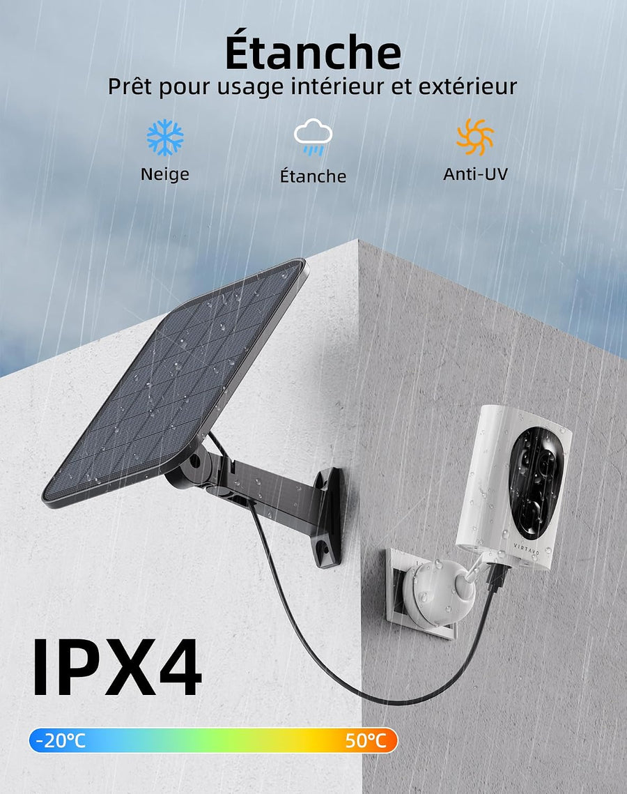 Camera Surveillance 2K WiFi Exterieure sans Fil, Batterie et Panneau Solaire 3W Intégrés, Vision Nocturne Couleur Starlight, Détection PIR, Audio Bidirectionnel