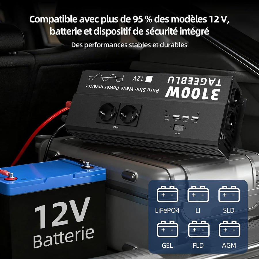3100W Pur Sinus convertisseur 12v 220v, transformateur 12v 220v avec écran LCD, 4 Prise UE, Type C 30W, Charge Rapide USB 25W, 3 Ports USB