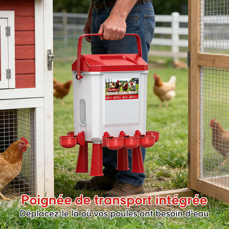 Abreuvoir Poules Automatique 10 litres avec Pieds, 8 Bols, Flotteur Filtré Contrôlé