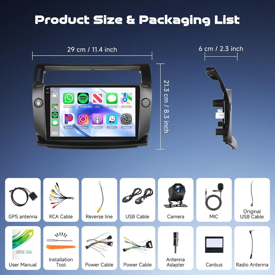 Autoradio 4+64G pour Citroën C4 (2004-2010), Android 15 stéréo de Voiture avec écran Tactile in-Cell 9 Pouces 720 * 1280P, Compatible CarPlay et Android Auto, FM, Bluetooth, WiFi