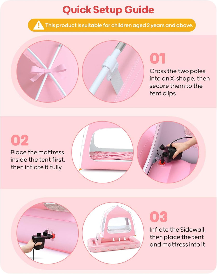Matelas Gonflable pour Enfants, Design Tente Voiture Princesse, à partir de 3 Ans, ROSE