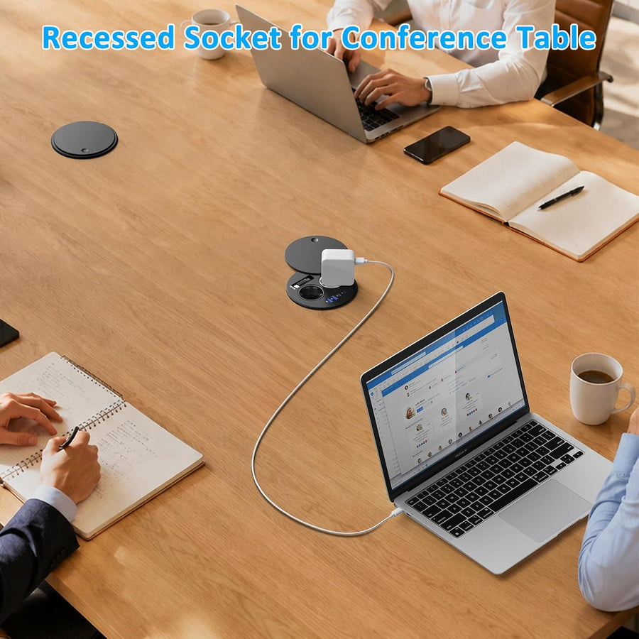 Multiprise Encastrable avec Câble USB-C Rétractable PD 35W, Noir | Prise Encastrable Plan de Travail, 2 USB-C, 2 USB-A, 1,8M Câble, Bloc Prise Escamotable avec Couvercle, Découpe Ø100 mm