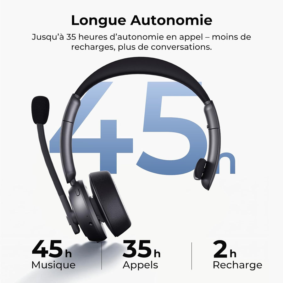 Nuroum HP31S 2026 Casque Bluetooth Sans Fil avec Micro, Réduction de Bruit ENC, Casque PC Mono avec Station de Charge,Clé USB-A&C/Bluetooth/Dongle,45H d'Autonomie pour CallCenter/Travail/Appels/Bureau