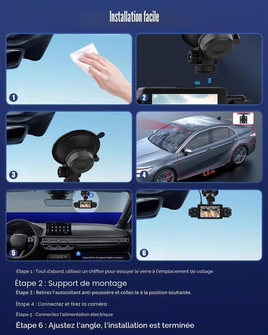 Dashcam Voiture 4 Canaux Avant/Arrière 1080P, Caméra Voiture WiFi avec Carte SD de 64 Go, écran IPS 3", Grand Angle, Vision Nocturne IR 8, Capteur G, Dash Cam Voiture avec Enregistrement en Boucle