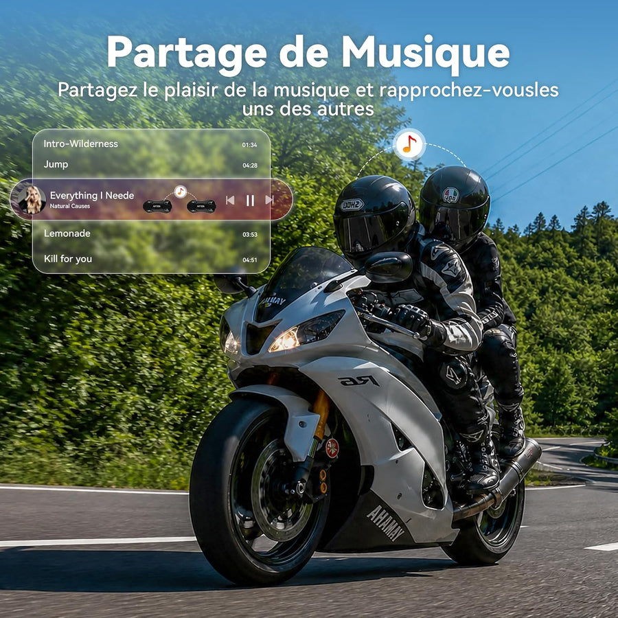 N2 Intercom Moto Bluetooth, 2 Motards 1000m Système de Communication | Kit Main Libre Moto Bluetooth 5.4, Multitâche Audio, Réduction de Bruit DSP/CVC, Partage de Musique, Batterie 1000mAh, IP67