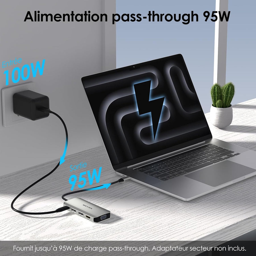 Station d'accueil USB C pour ordinateur portable, quatre moniteurs avec double HDMI, DP, VGA, PD 100 W, 3 ports USB 2.0 pour appareil sans fil, compatible avec Lenovo, HP, Dell, Windows System