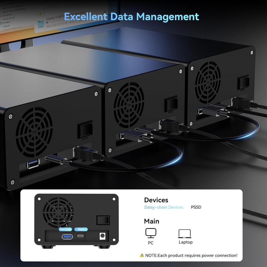 Boîtier Disques Durs, Aluminium Boîtier 2 Baies 10Gbps avec Ventilateur pour HDD/SSD SATA 2,5/3,5, Câble USB A/C 3.2 Remplacement à Chaud, Boîtier HDD sans Outil, DAS (sans Raid/NAS)