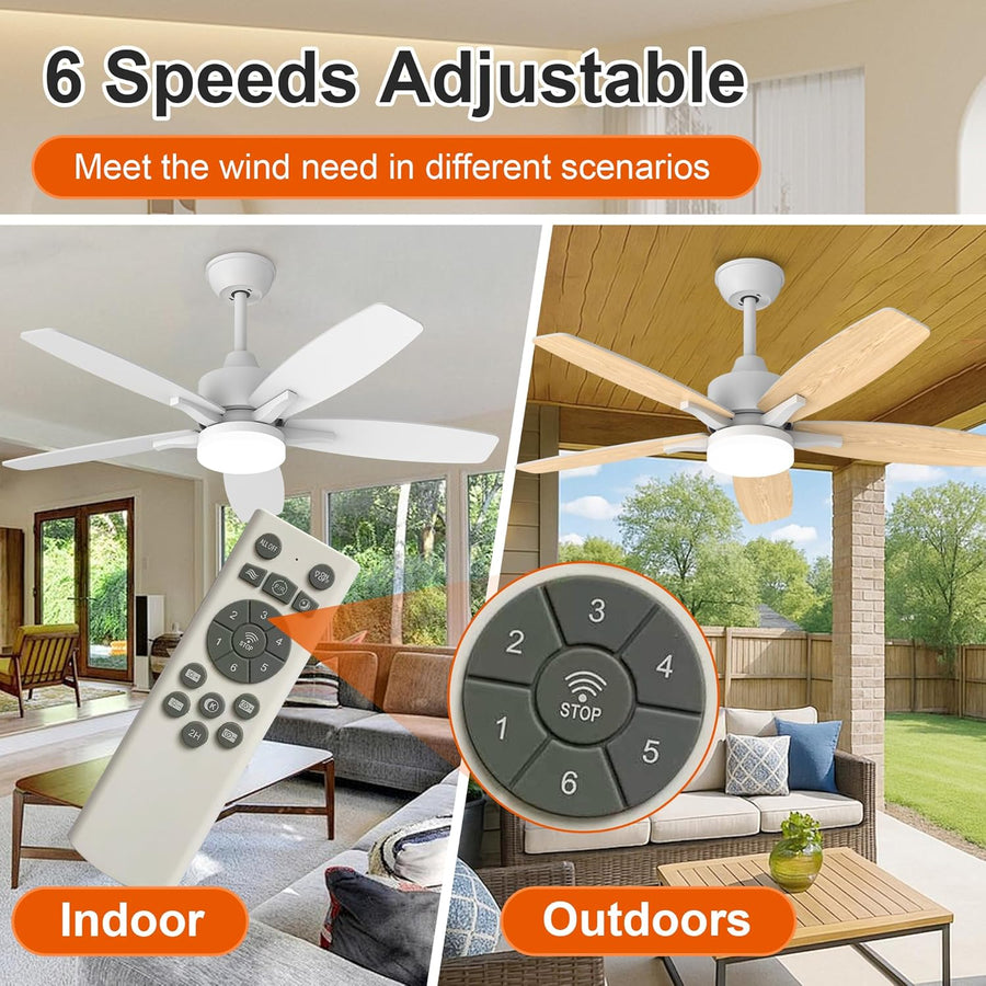 Ventilateur de Plafond avec Lumière et Telecommande, 106cm LED Lampe Ventilateur Plafond Dimmable Lampe Intégrée, 6 Vitesses, Silencieux Pales Effet Bois (Blanc+bois Clair)