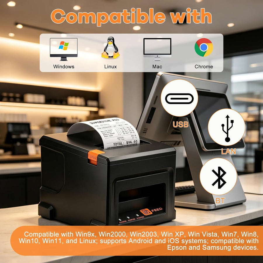 Imprimante de reçus 80 mm - Imprimante d'étiquettes d'expédition - USB & Bluetooth & LAN - 220 mm/s - Avec 5 rouleaux de papier - Pour restauration et vente au détail, prise en charge ESC/POS