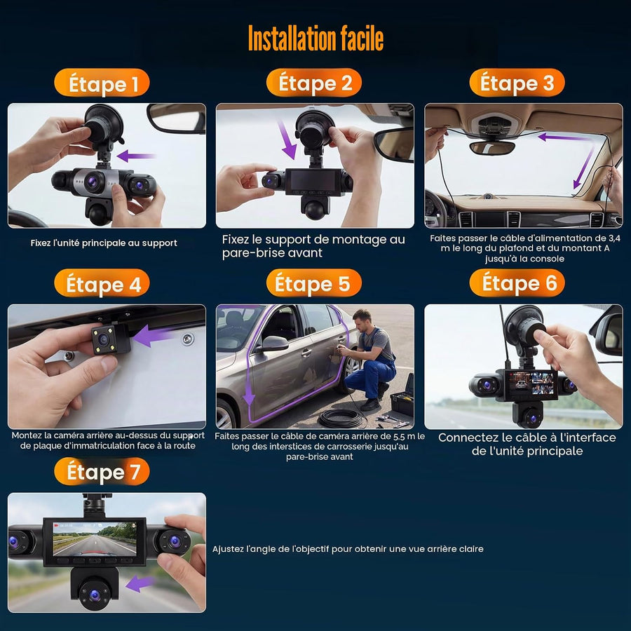 Dashcam 360° 5 Canaux 1080P Carte SD 64 Go Avant Arrière Intérieur. G-Sensor. Vision Nocturne. Grand Angle. Enregistrement en Boucle