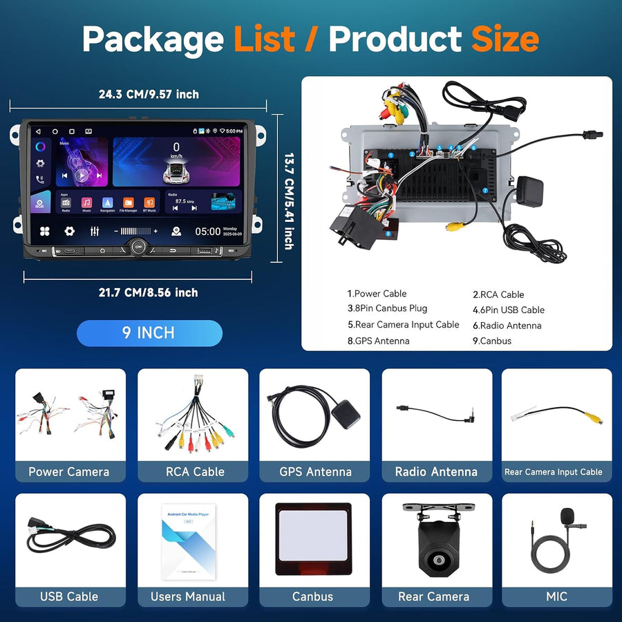 Autoradio Android 4G+64GB pour VW Seat Altea Toledo Leon Skoda Fabia Passat Radio CarPlay Android Auto sans Fil, 9 Pouces Écran Tactile Radio 2 DIN GPS, WiFi, DSP FM/RDS Bluetooth+ Caméra