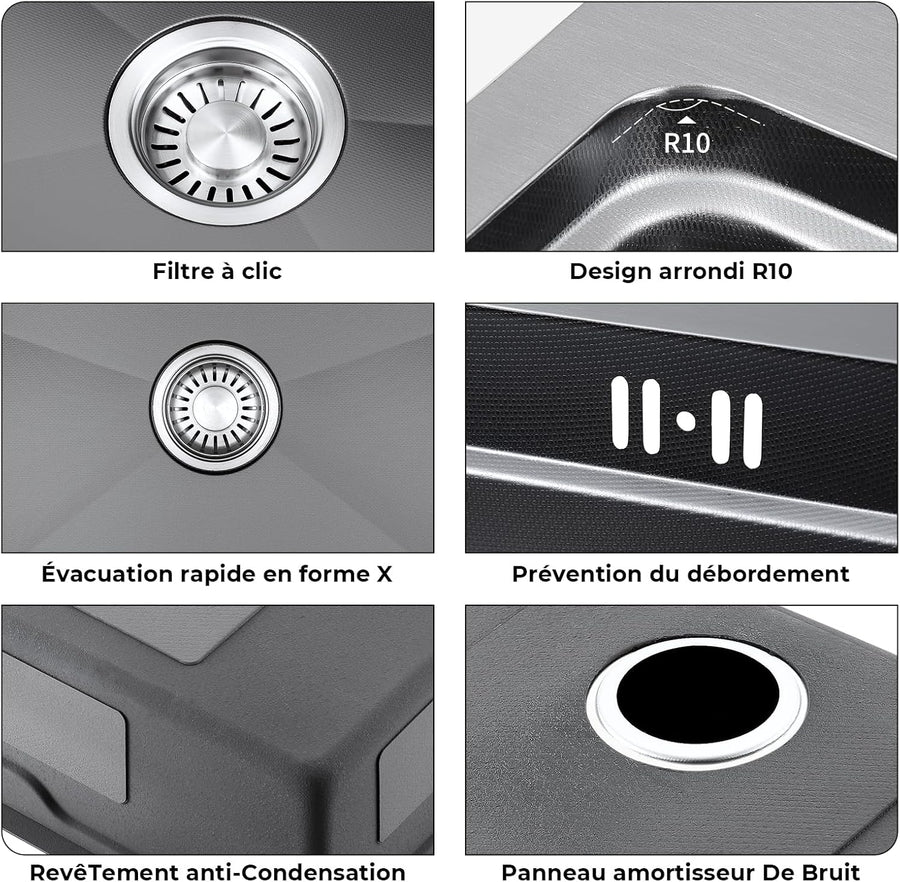Évier Multifonction Inox Évier 1 Bac Grand Evier de Cuisine 68×48 cm Lavabo Cuisine avec Robinet Coulissant Résistant aux Rayures Vidange Rapide Avec Accessoires et Kit de tri des Déchets