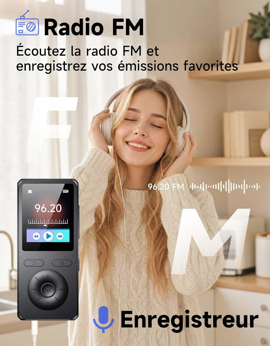 Lecteur MP3 64Go avec Bluetooth 5.3, Haut-Parleur intégré, Bouton Physique lecteur de musique portable, qualité sonore HiFi, fonction d'enregistrement radio FM,Carte mémoire extensible jusqu'à 128 Go