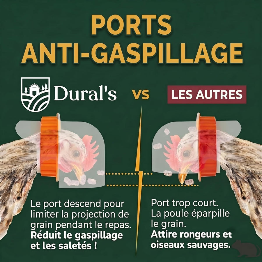 Mangeoire Poules Anti-Nuisible Grande Capacité 18 kg / 30 L – Distributeur de Graines Automatique Acier Galvanisé, 6 Ports & Fenêtre de Niveau – Mangeoire Poule Extérieur Poulailler