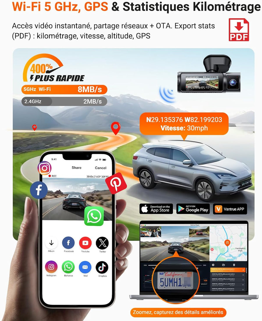 VANTRUE N4 Pro S Dashcam Voiture 3 Canaux 4K+1080P+1440P Avant Int Arrière STARVIS2, HDR, Vue 360°, Vision nocturne IR, WiFi 5GHz GPS, Mode Parking 24h, Commande vocale FR, Carte MAX 1To, N4PSRC18