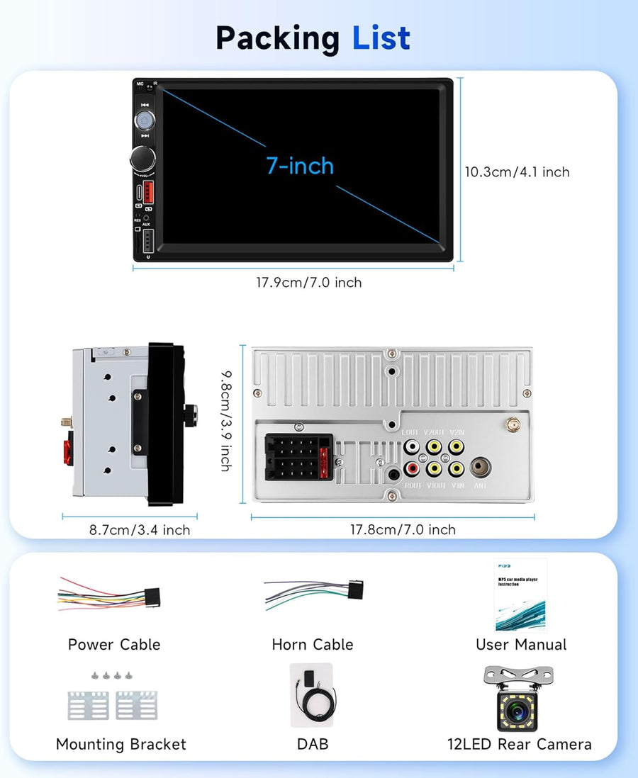 Autoradio Dab+/Dab 2 din Carplay sans Fil Android Auto avec Écran de 7 Pouces, Poste Radio Voiture Bluetooth Ecran Tactile avec Sortie Vidéo/RDS/FM/USB/AUX/TF+Caméra de Recul