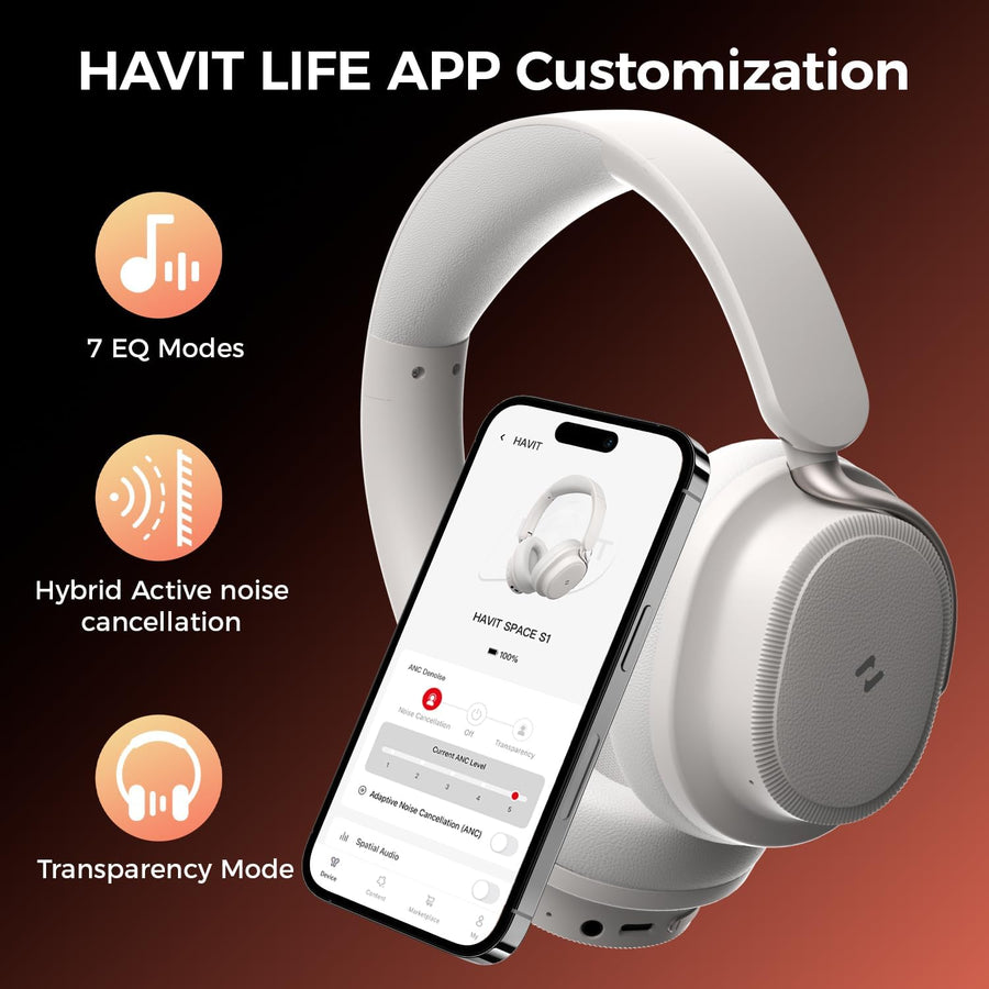 Casque hybride à suppression active du bruit, casque supra-auriculaire Bluetooth avec 4 micro ENC, 132 heures de lecture, casque pliable avec basses profondes, Bluetooth 6