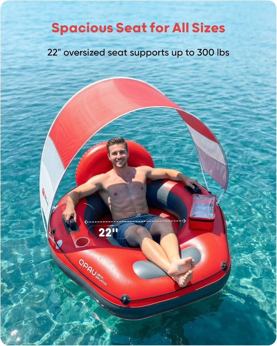 Tube de rivière gonflable de 116,8 cm avec auvent pare-soleil amovible, tube flottant robuste pour adultes, repose-jambes et dossier ergonomiques, sac imperméable et porte-gobelets ROUGE