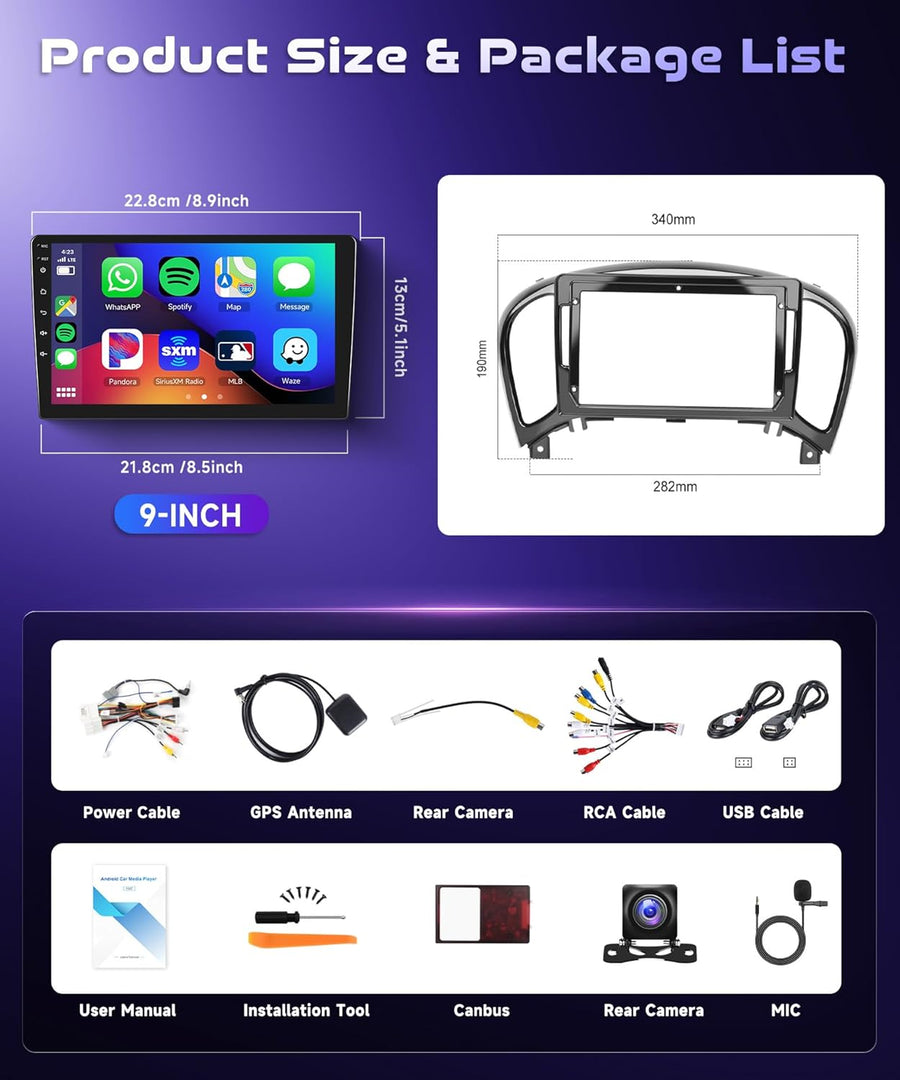 Autoradio 9" 4G+64G Bluetooth pour Nissan Juke J15 2010-2019/ YF15 Infiniti ESQ 2011-2017 Vito Viano Sprinter,Carplay Android Auto,DSP,EQ,1280 x 720,WiFi GPS,RDS/FM,caméra de recul AHD