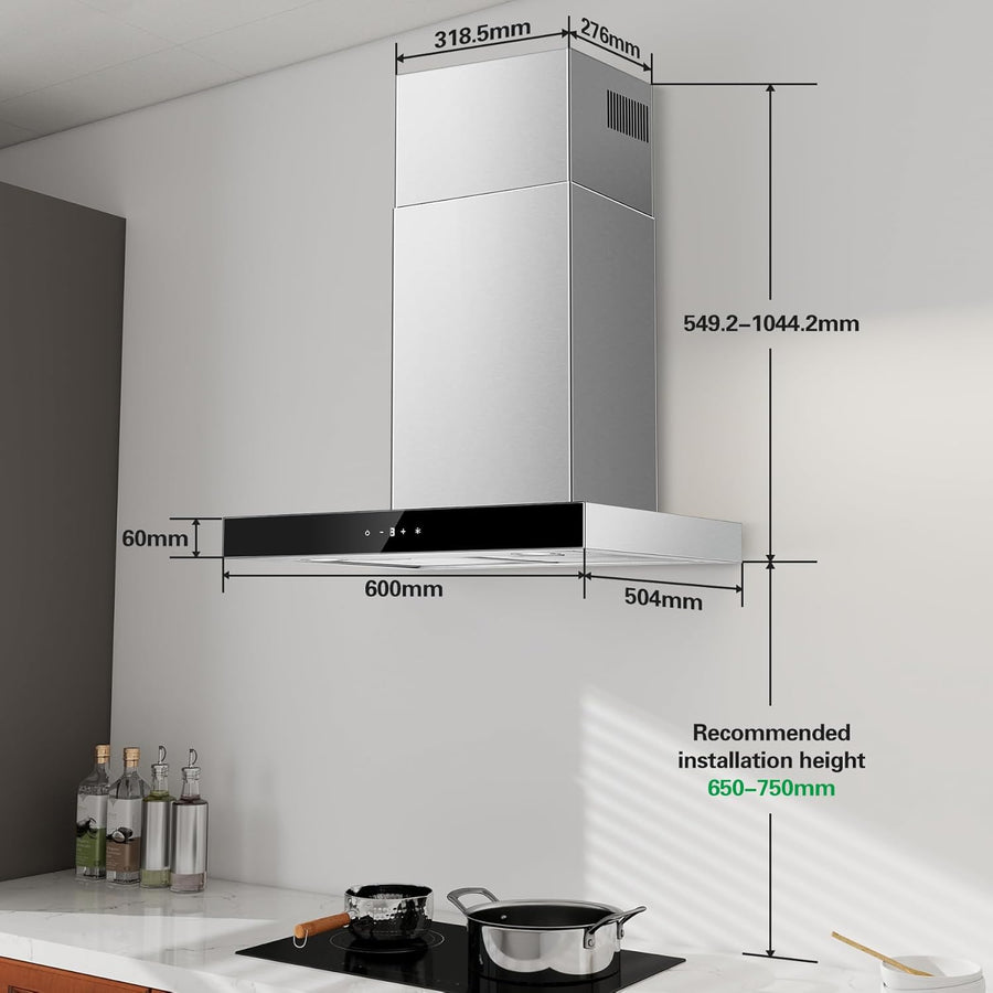 Hotte Aspirante 60cm, Class A+++ 450m³/h Hotte de Cuisine Silencieuse, Hotte Aspirante Evacuation ou Recyclage Inclus Filtres Charbon, 3 Vitesses - Fonction Boost, Commande Tactile, Inox