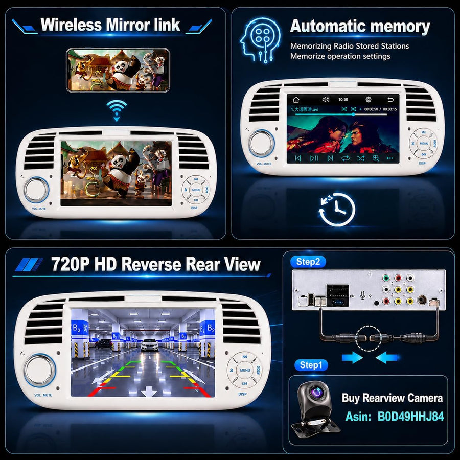 Autoradio pour Fiat 500 2013-2020,Linux,démarrage 2s,Écran Fiat 500 Compatible avec Le contrôle au Volant,CarPlay/Android Auto sans Fil,Radio RDS,DSP,4x45W,Bluetooth,Canbus,USB,1-DIN,Plug&Play-Beige