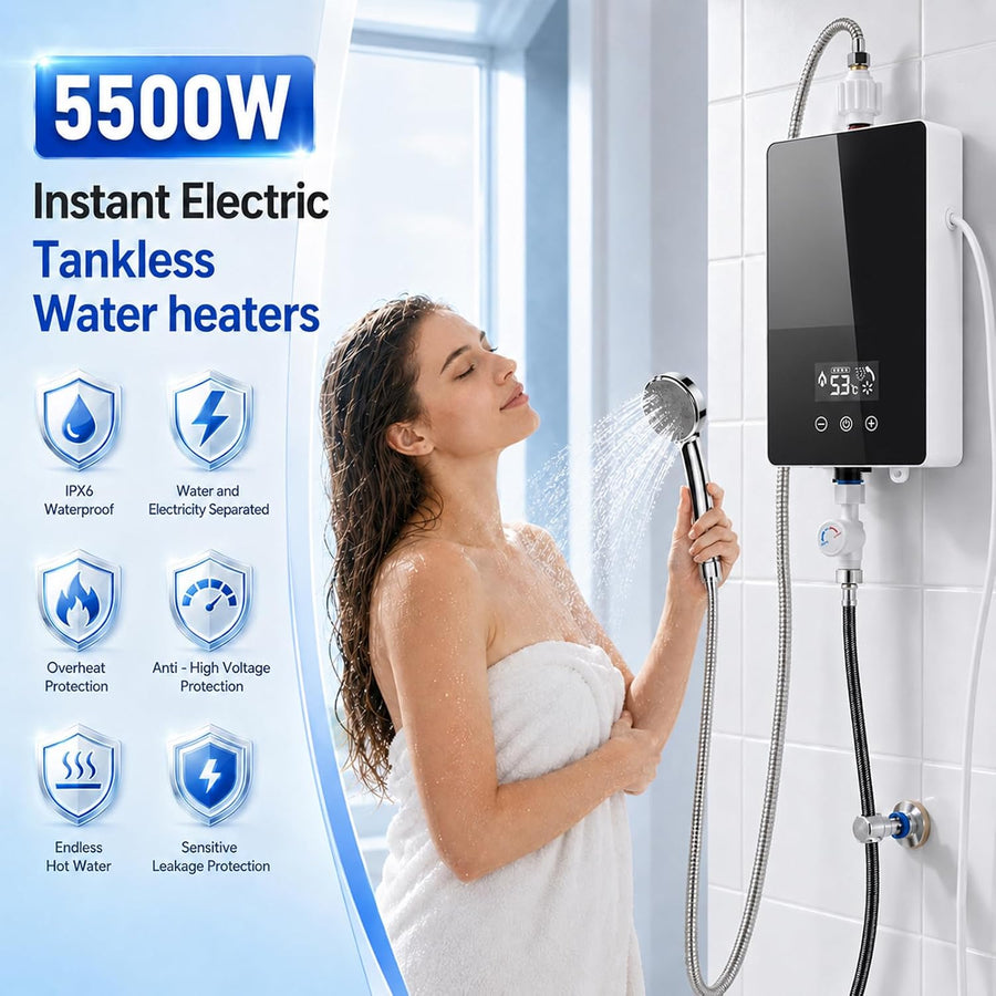 Chauffe-eau instantané 230V 5500W, pour douche et cuisine, avec kit douche complet, affichage LED et régulation électronique, Pour douche, cuisine et salle de bain