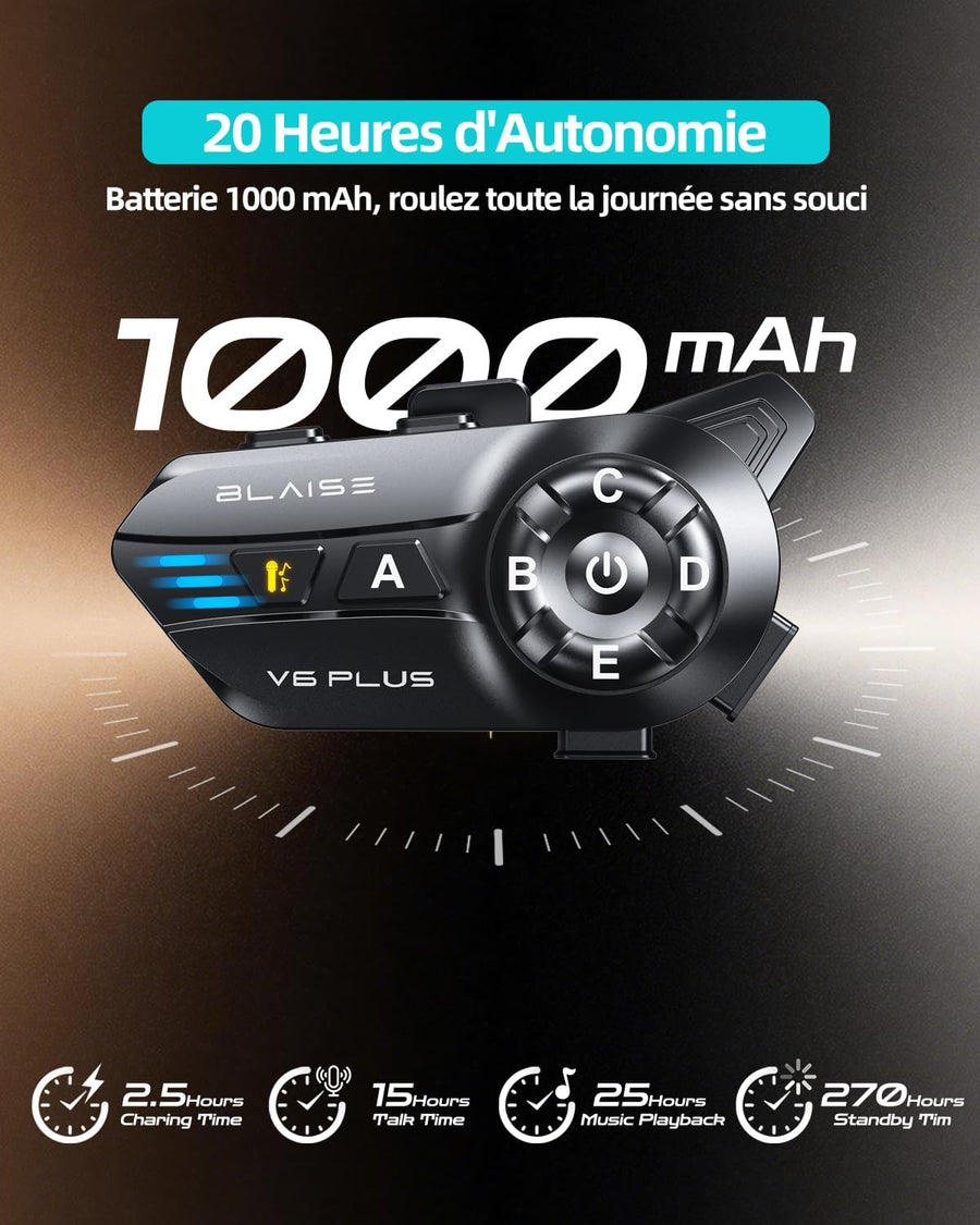 BLAISE V6 Plus Intercom Moto Bluetooth, Système de Communication Casque, 2 Voies pour 2 Motards & Jusqu’à 6 Appairés, Portée 1000 m, Bluetooth 5.3, Réduction de Bruit, Partage de Musique,Unique Pack