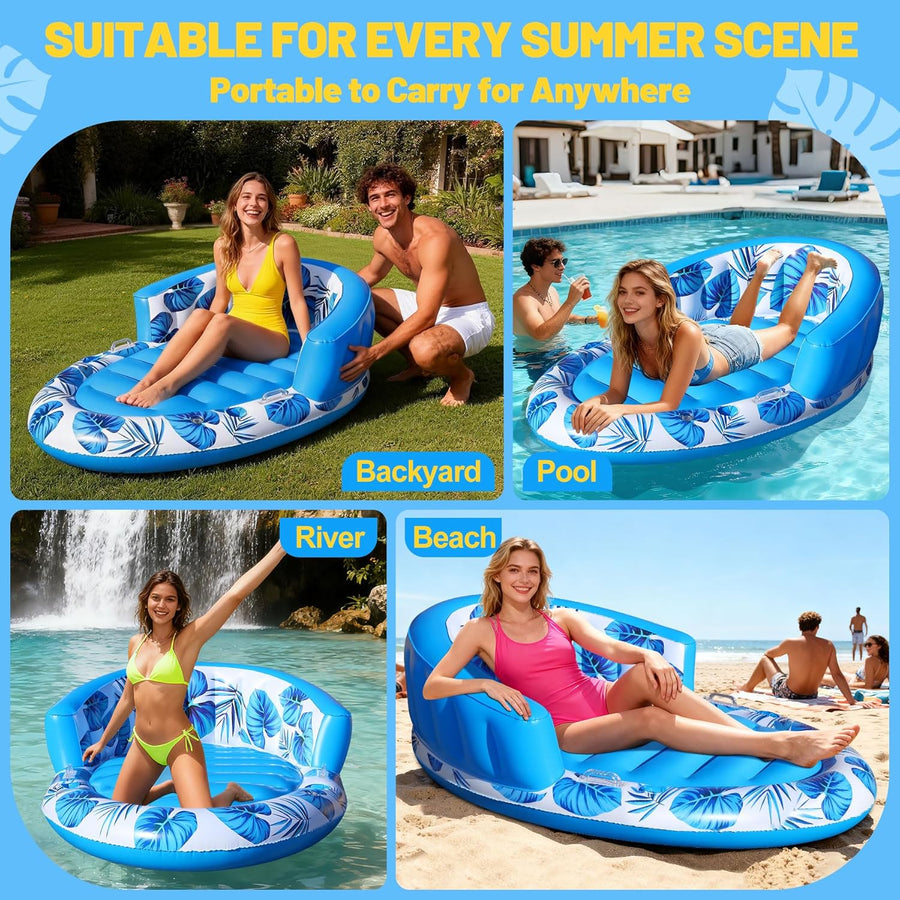 Matelas Gonflable Piscine Adultes, 160 x 100 cm Bouée Gonflable Piscine avec Dossier, Matelas Piscine Gonflable avec Porte-Boisson et Porte-Téléphone, Piscine de Bronzage pour Plage et Jardin