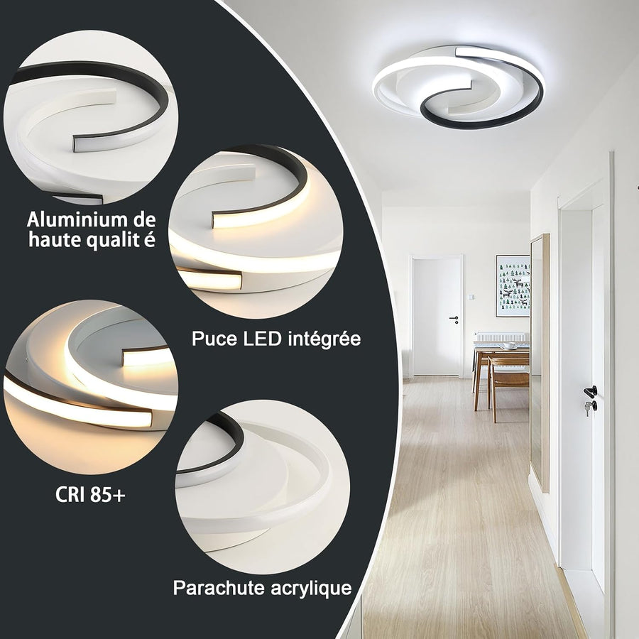 Plafonnier LED Moderne 3000K/4000K/6000K - Lampe Cercle 2 Anneaux 33W pour Salon, Chambre, Bureau, Cuisine, Couloir, Longueur 40cm, Noir+Blanc